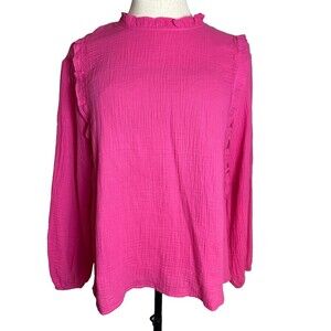 Pretty Garden Chic NWT Bright Pink Gauzy Long Sleeve Blouse Top, Sz L, Ruffles